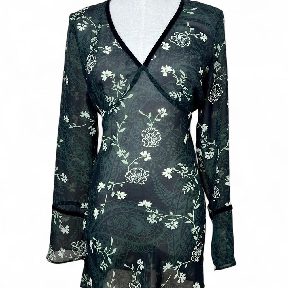 Y2k sheer green floral print mini dress